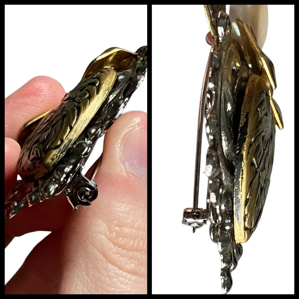 Vintage Signed Jane Brass Silver Mother of Pearl Angel Heart Brooch Steampunk Gold - Image 7