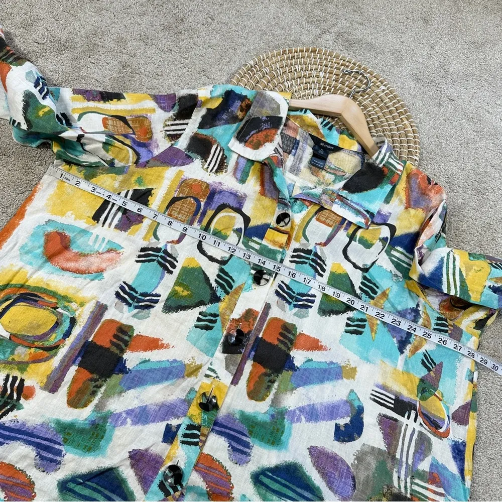 Ali Miles Linen Cotton Geometrical Woven Collar Button Up Shirt Art to Wear 3X White - Image 11