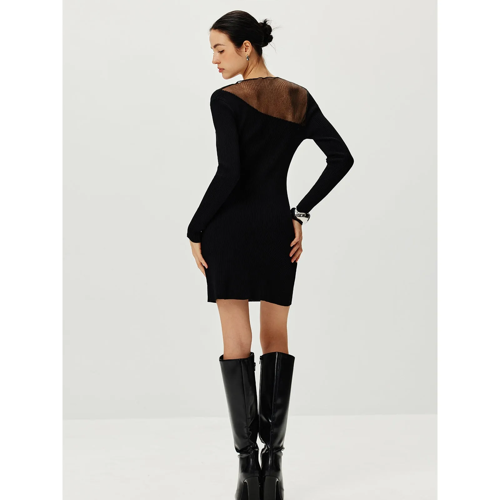 Commense Semi Sheer Panel Sweater Minimalist Chic Cozy Stretch Black Dress M Size M - Image 3