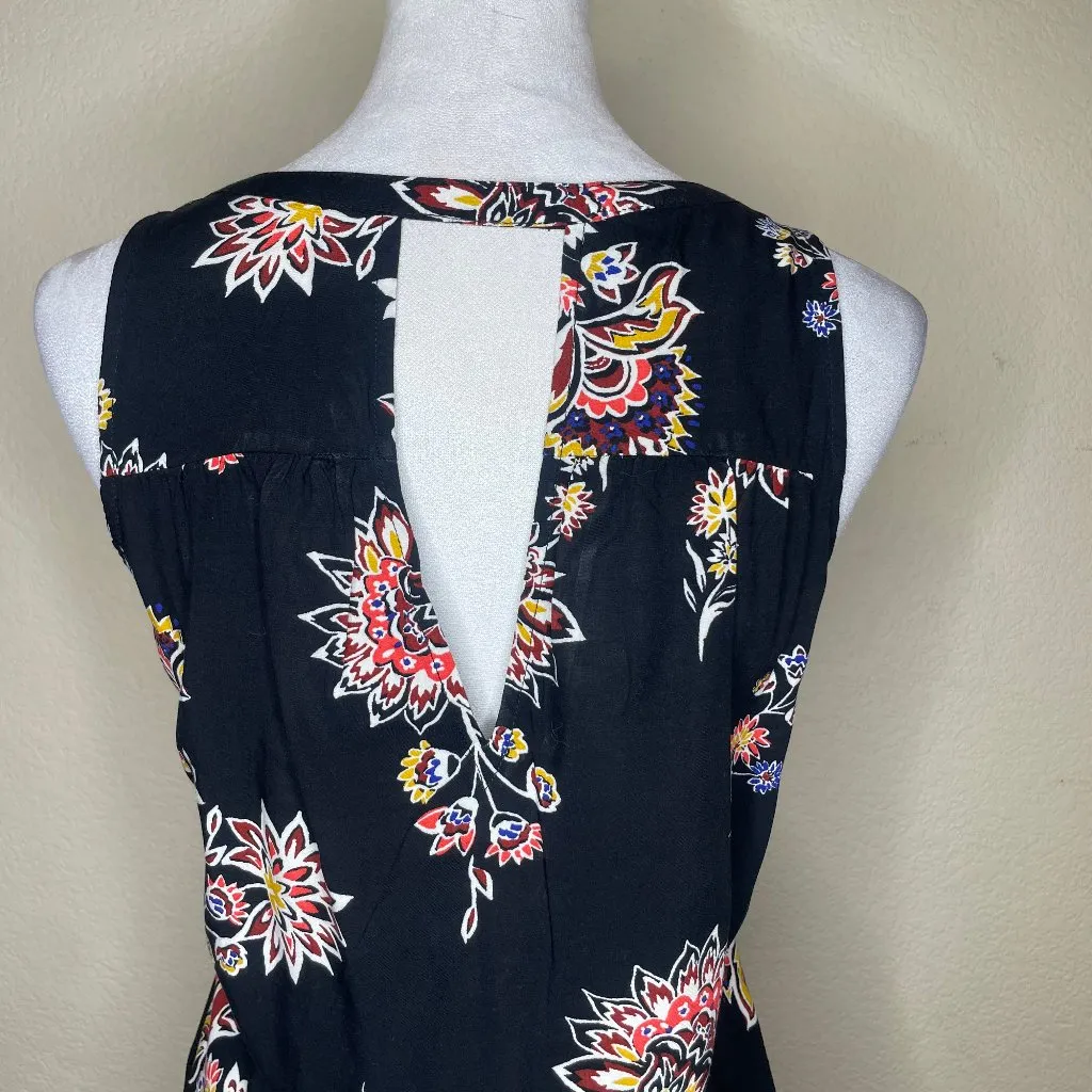 Black Floral V-Neck Cut-Out Back Midi Dress Sz L Boho Casual - Image 4