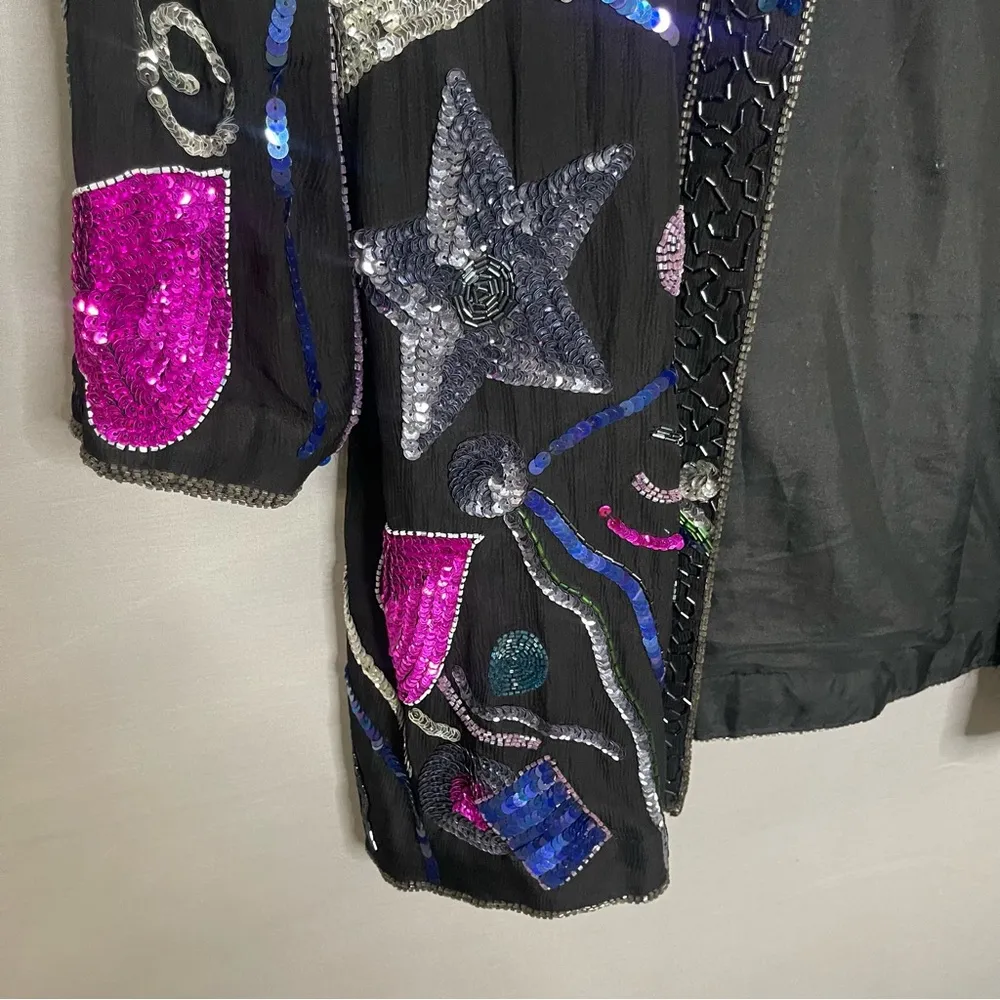 Vintage Creative Creations Beaded Sequin Glamour Jacket Stars Moon Heart Size XL Black - Image 7