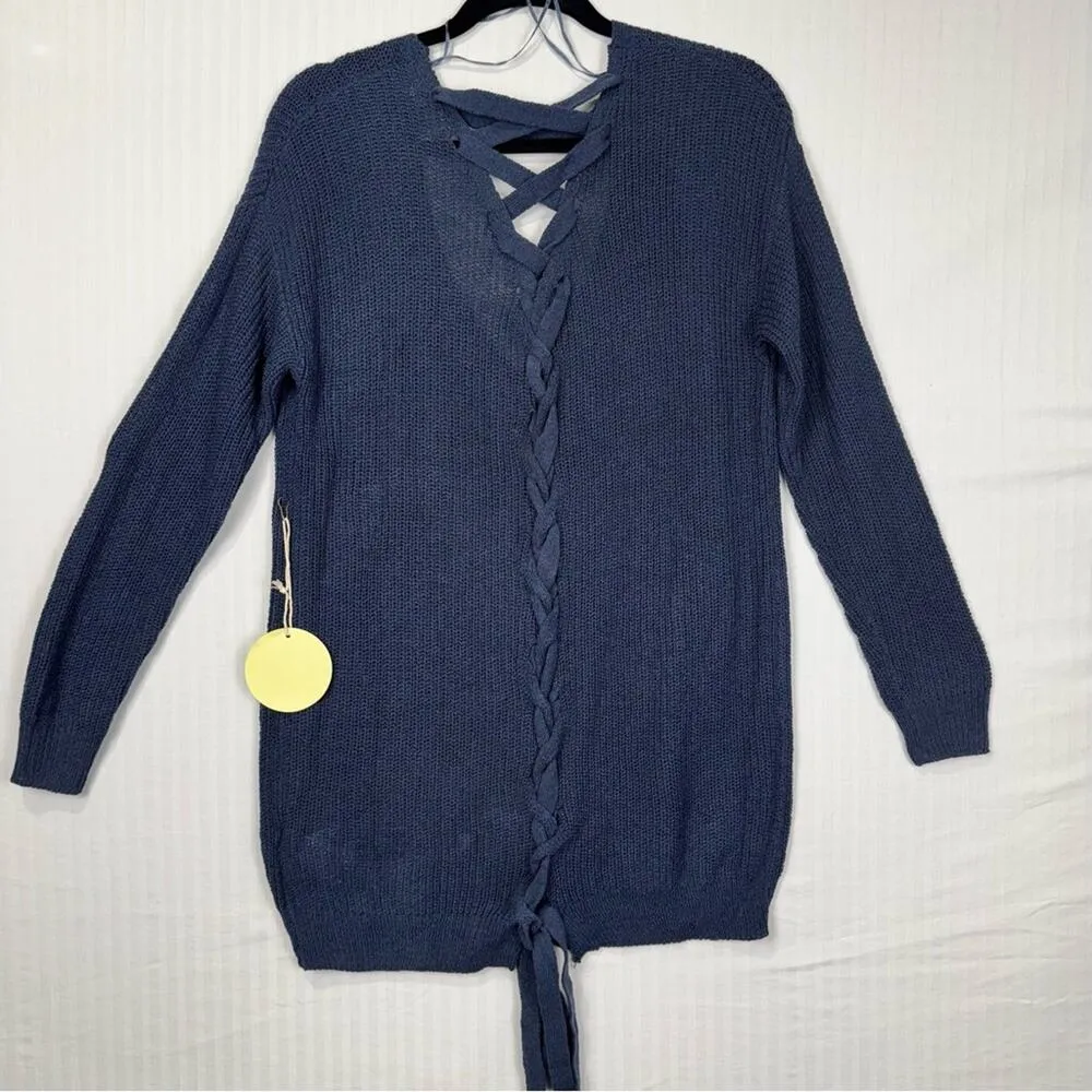 Alythea Women's Navy Blue Knit Cardigan Sweater Full Lace-Up Braid Back Size S/M - Image 4