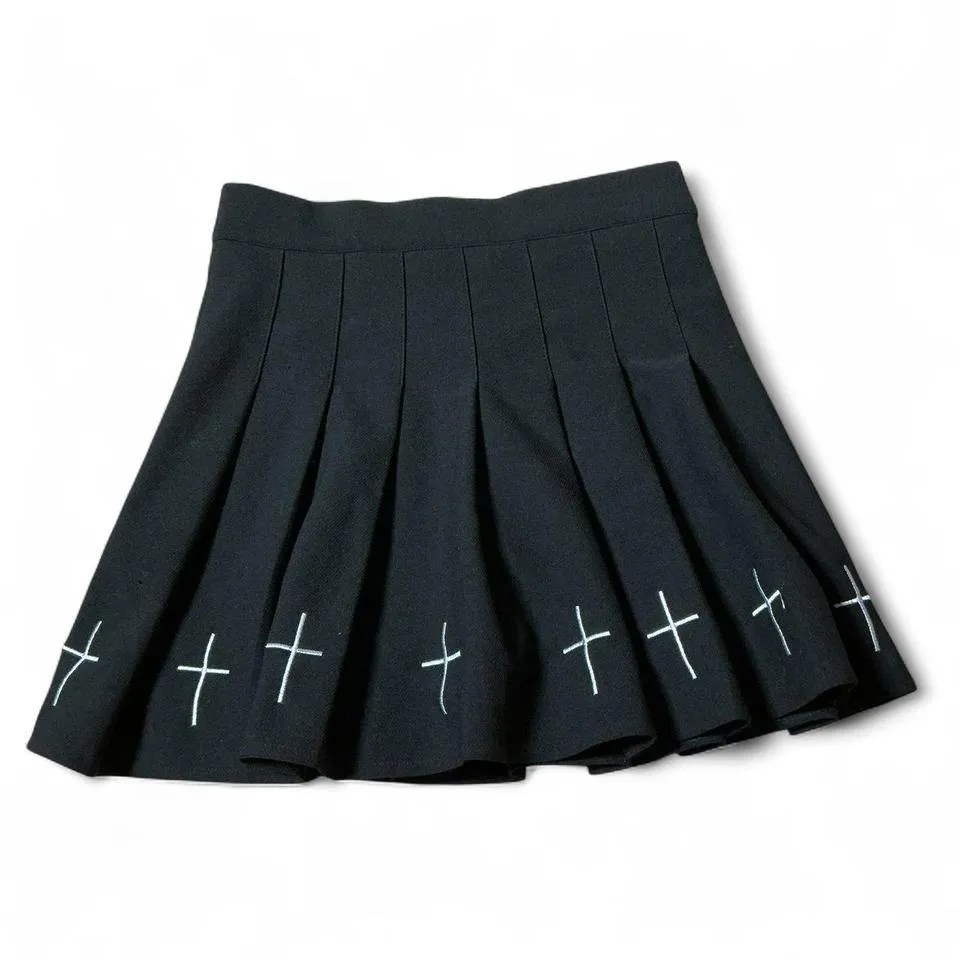Black Pleated Mini Skirt White Cross Detail Punk Goth Alt Streetwear Size S - Image 2