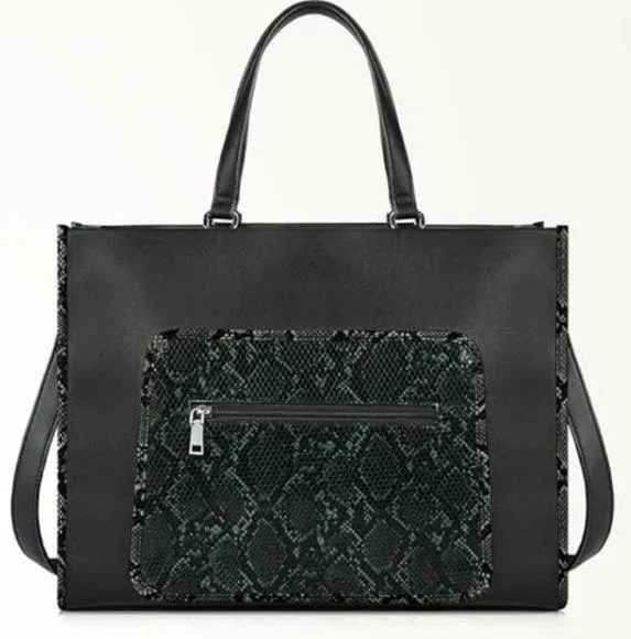 Large Black Vegan Leather Laptop Tote Bag With Detachable Shoulder Strap | EUC - Image 1