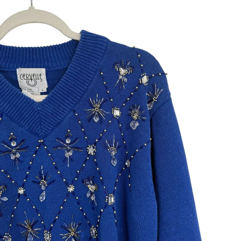 Cervelle Blue Embellished Sweater Holiday NYE Elegant Party Womens Large - Image 2