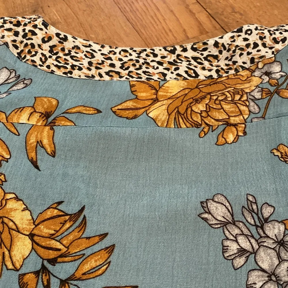Anthropologie Andersen & Lauth Kimono Open Front Duck Egg Blue Floral Animal OS - Image 3