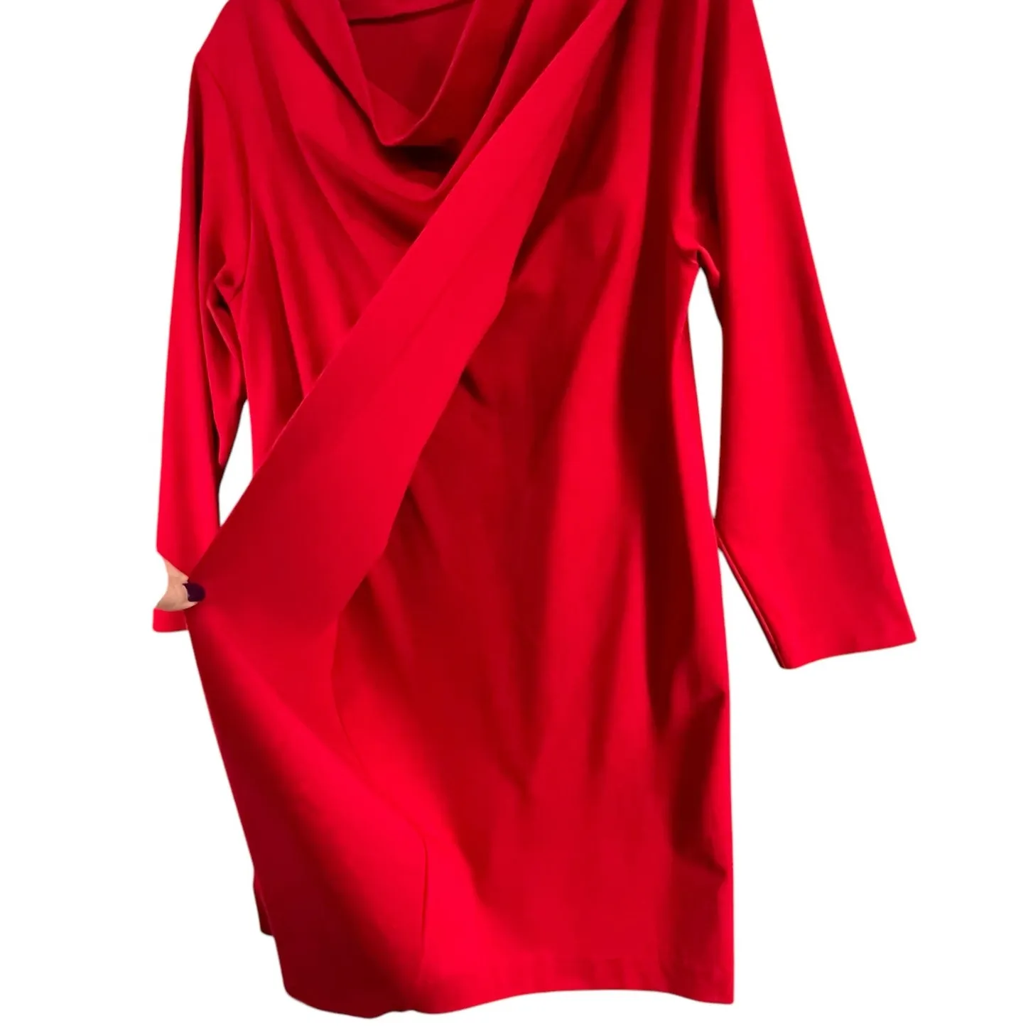 Joan Vass Dress Womens L Red Asymmetrical Cowl Neck Long Sleeve Draped Classic - Image 5