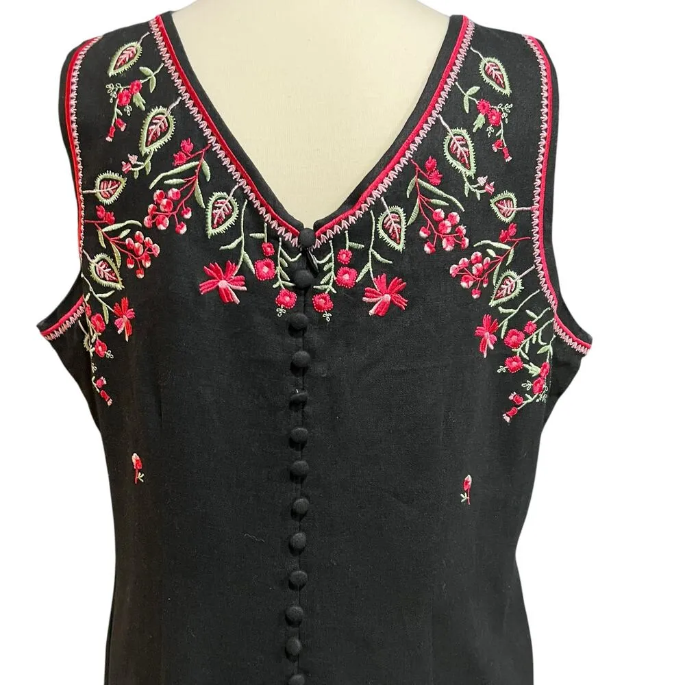 Vintage Citi Dress Womens 16 Black Embroidered Floral Linen Blend Slit Folk Boho - Image 5