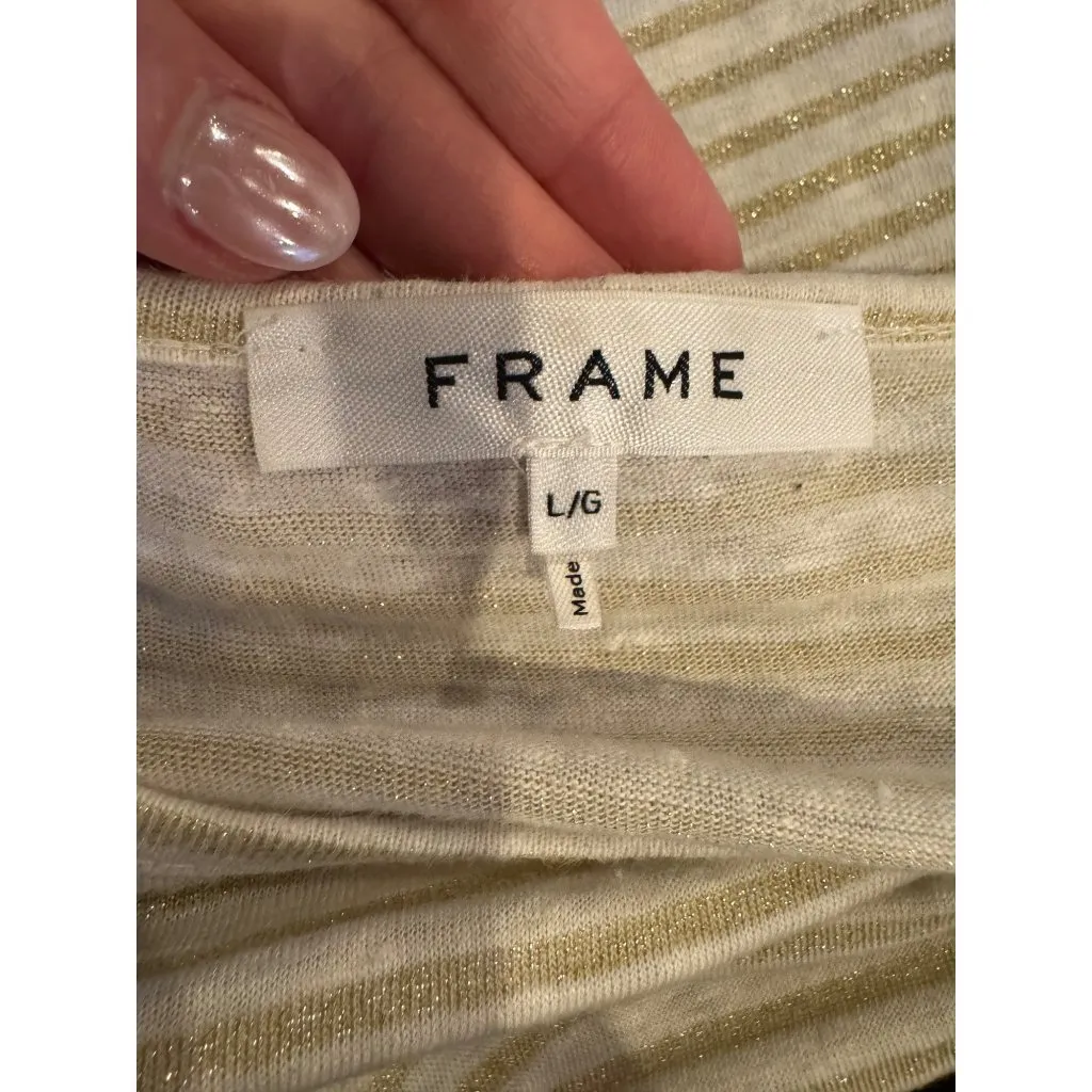 Frame Shirt Women Large Ivory Metallic‎ Gold Striped Linen Blend Split Cuff Tee - Image 10