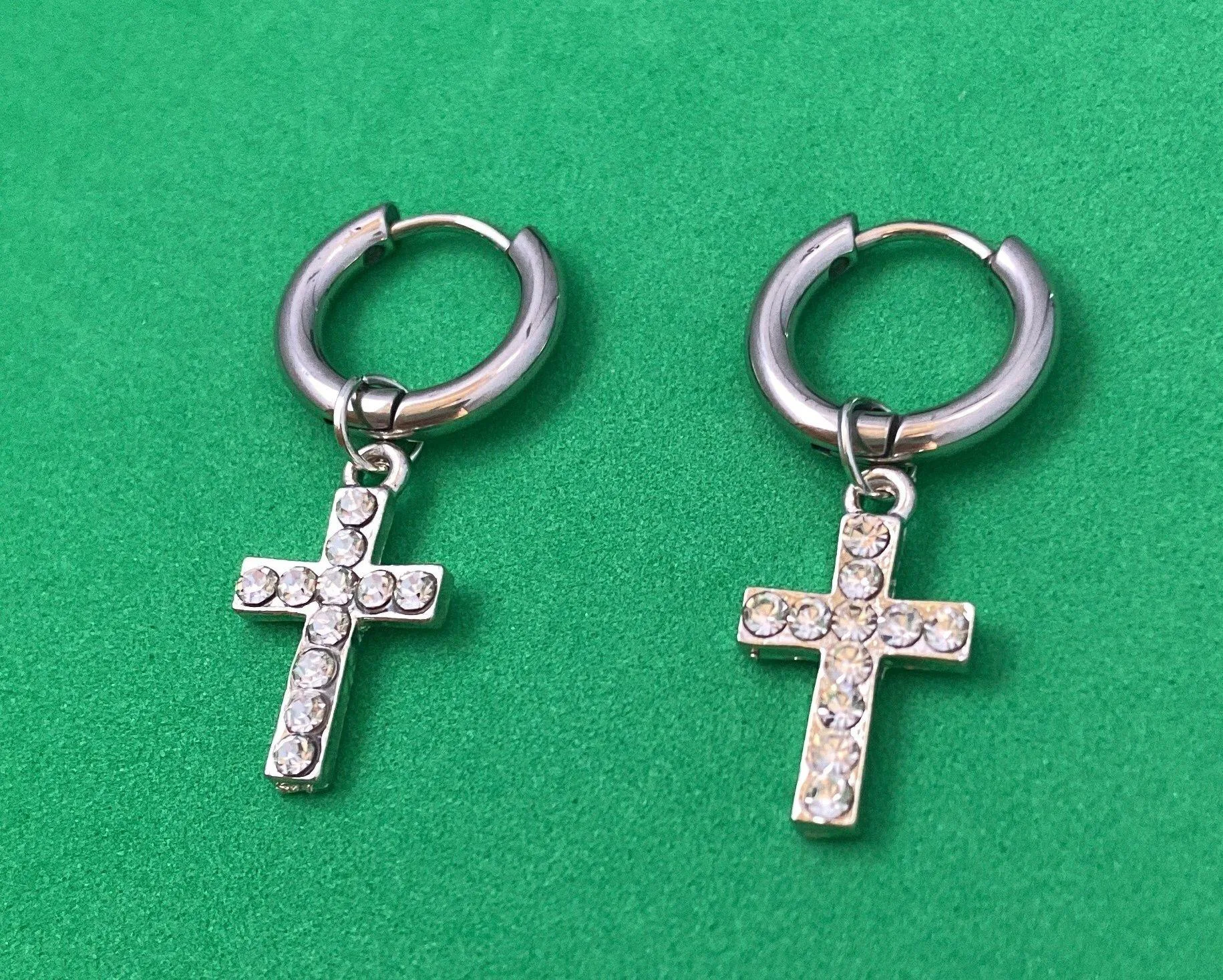 925 Silver Plated Cross Dangle Drop Earrings for Men Women,Cross Earrings,Hoop Earrings,Punk Hip Hop Earrings - Image 2