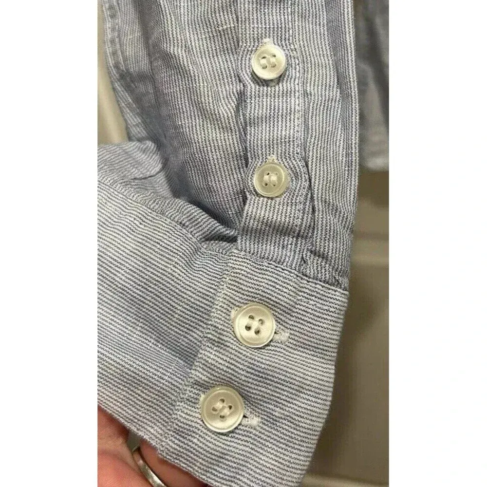 H&M Divided Blue Striped Linen Cotton Buttondown Tunic Top‎ Blouse Women’s Sz 14 - Image 4