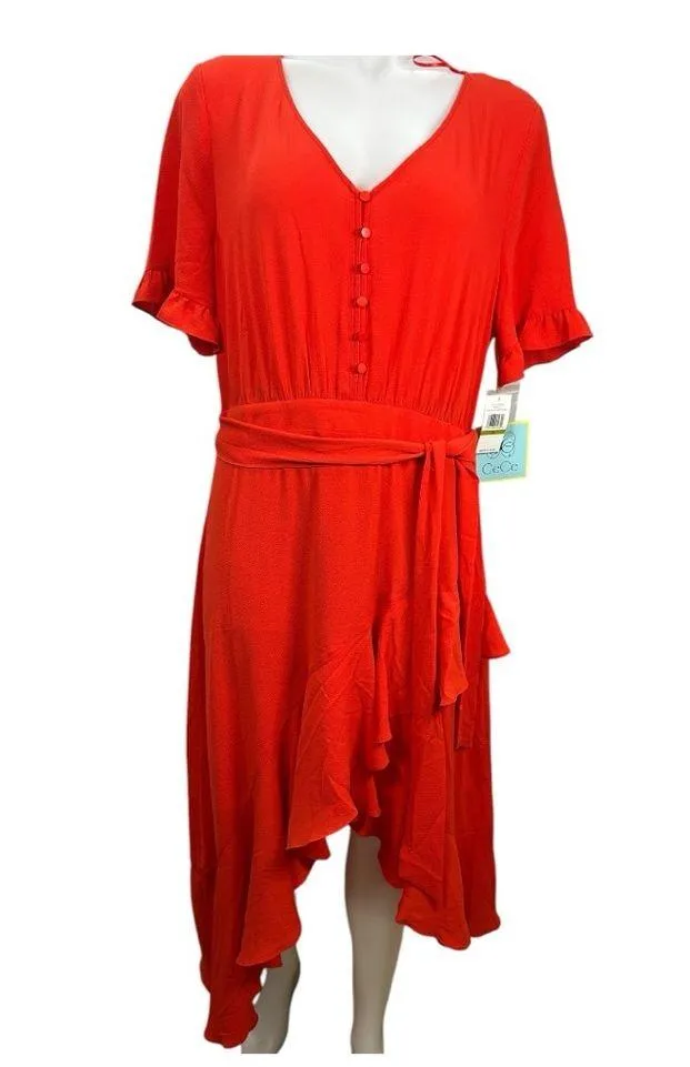 $139 CECE NEW Women’s Red Ruffled-Sleeve Cascading Belted Fit & Flare Dress 14 - Image 2
