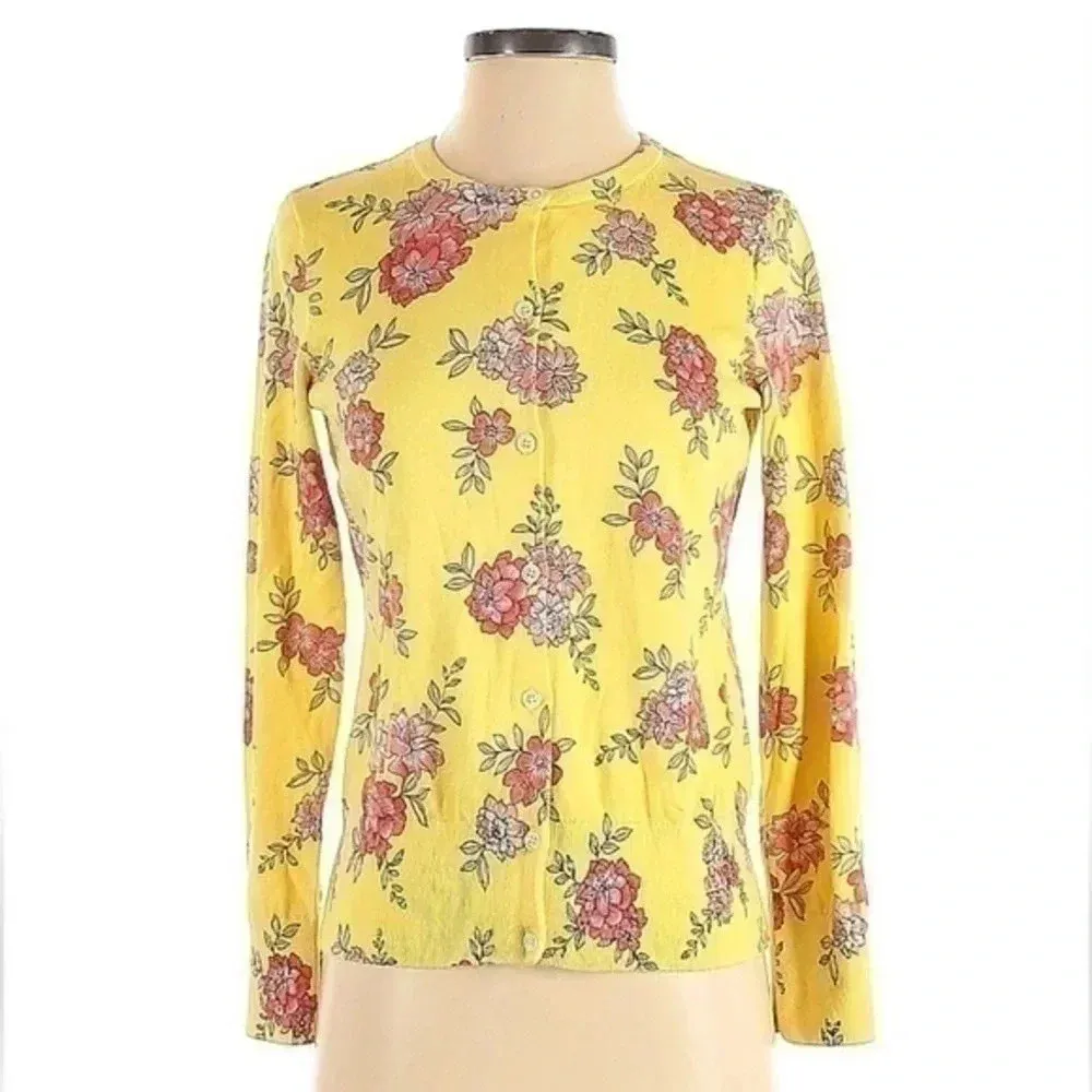 Lands’ End | Yellow Floral Button Down Cardigan Supima Cotton Size XS - Image 2
