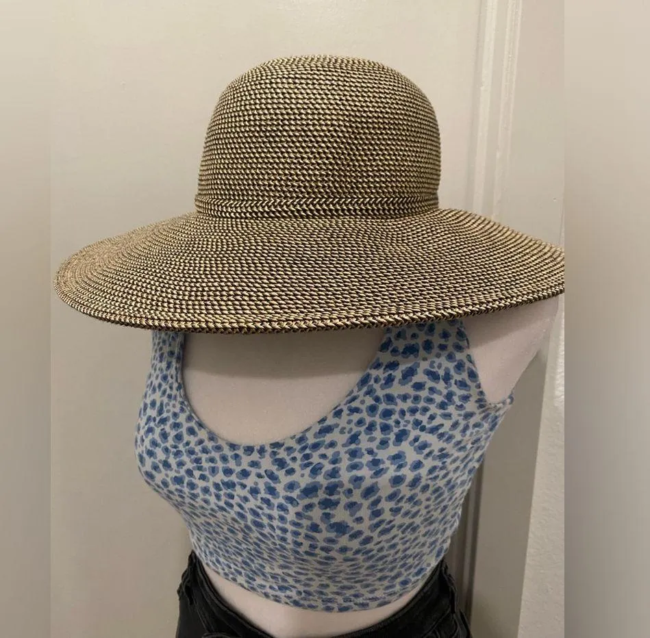 Tan & Black Straw Wide Brimmed Beach Adjustable Sun Hat - Image 10