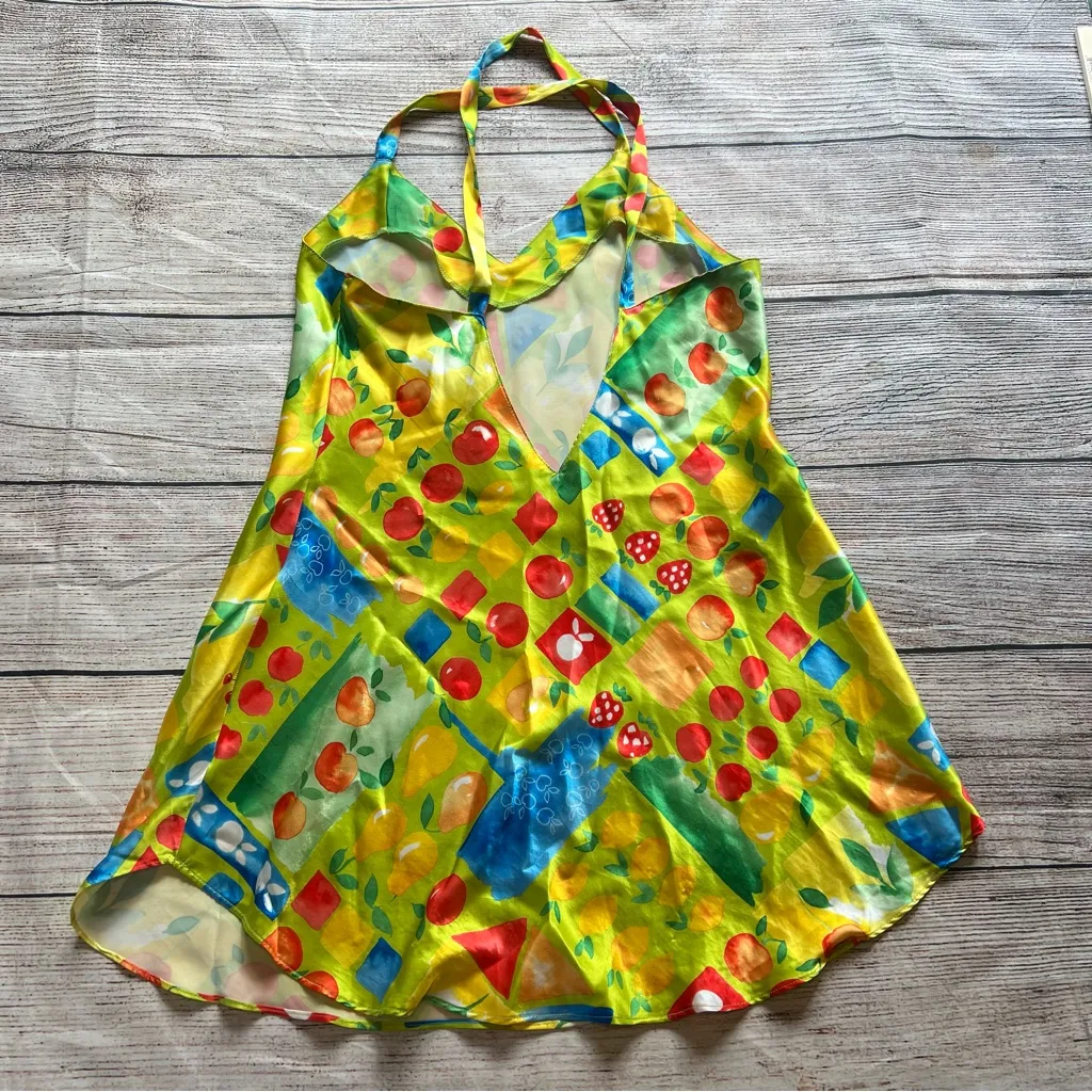 Vintage 90s Cherry Satin Slip Dress Fairycore Womens Medium Fruits Retro Cottage Green - Image 6
