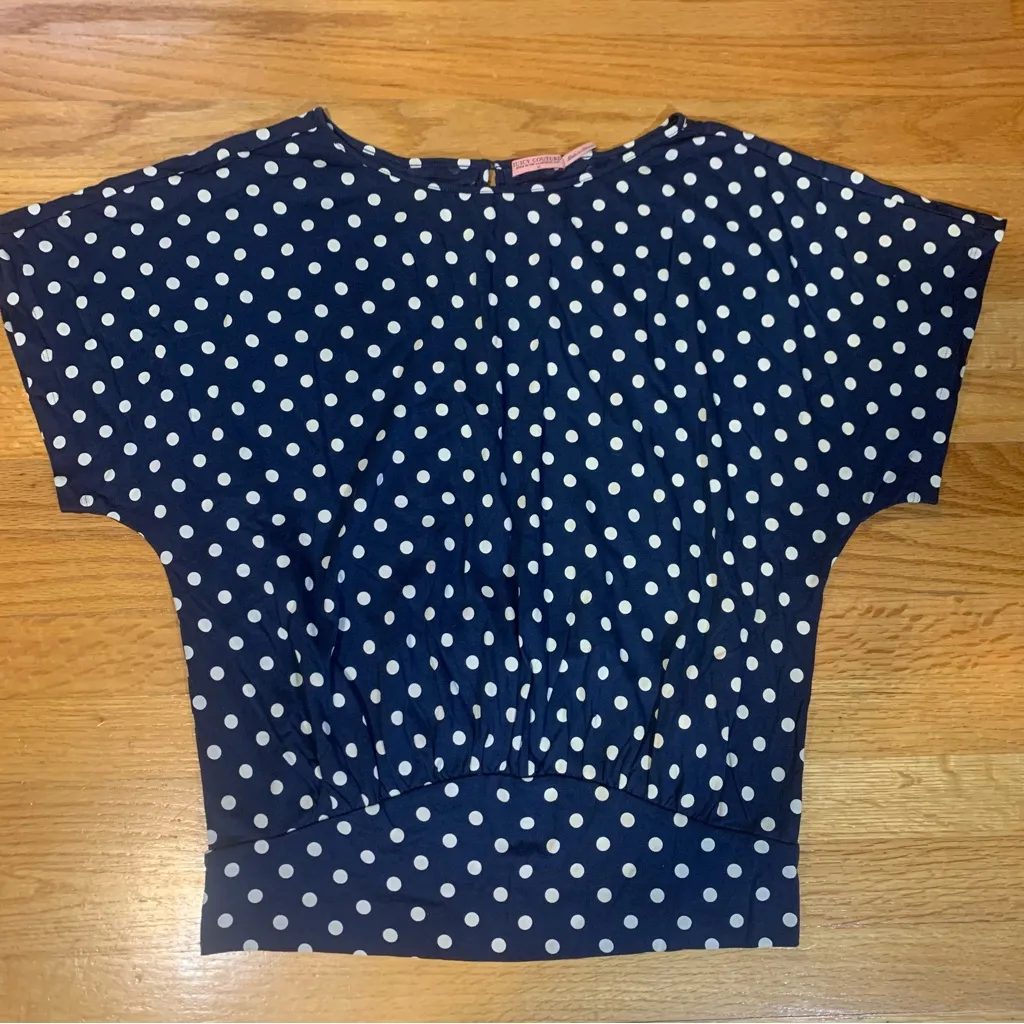 Juicy Couture Pam Gela Polka Dot Smocked Blouse Navy Blue Women's Medium - Image 8