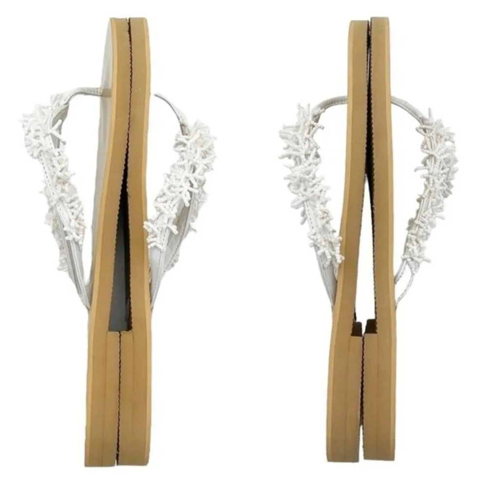 Newport News White Beaded Flip Flops Tropical Coastal Thong Sandals Size 10 - Image 12