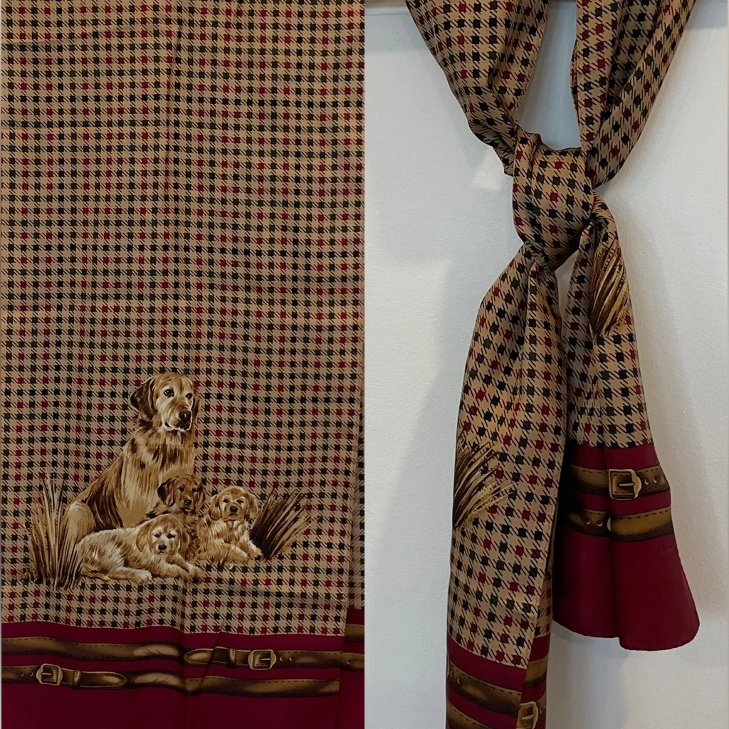 VTG 100% Silk Scarf Burgundy Beige Houndstooth Dog Print Old Money Quiet Luxury - Image 2