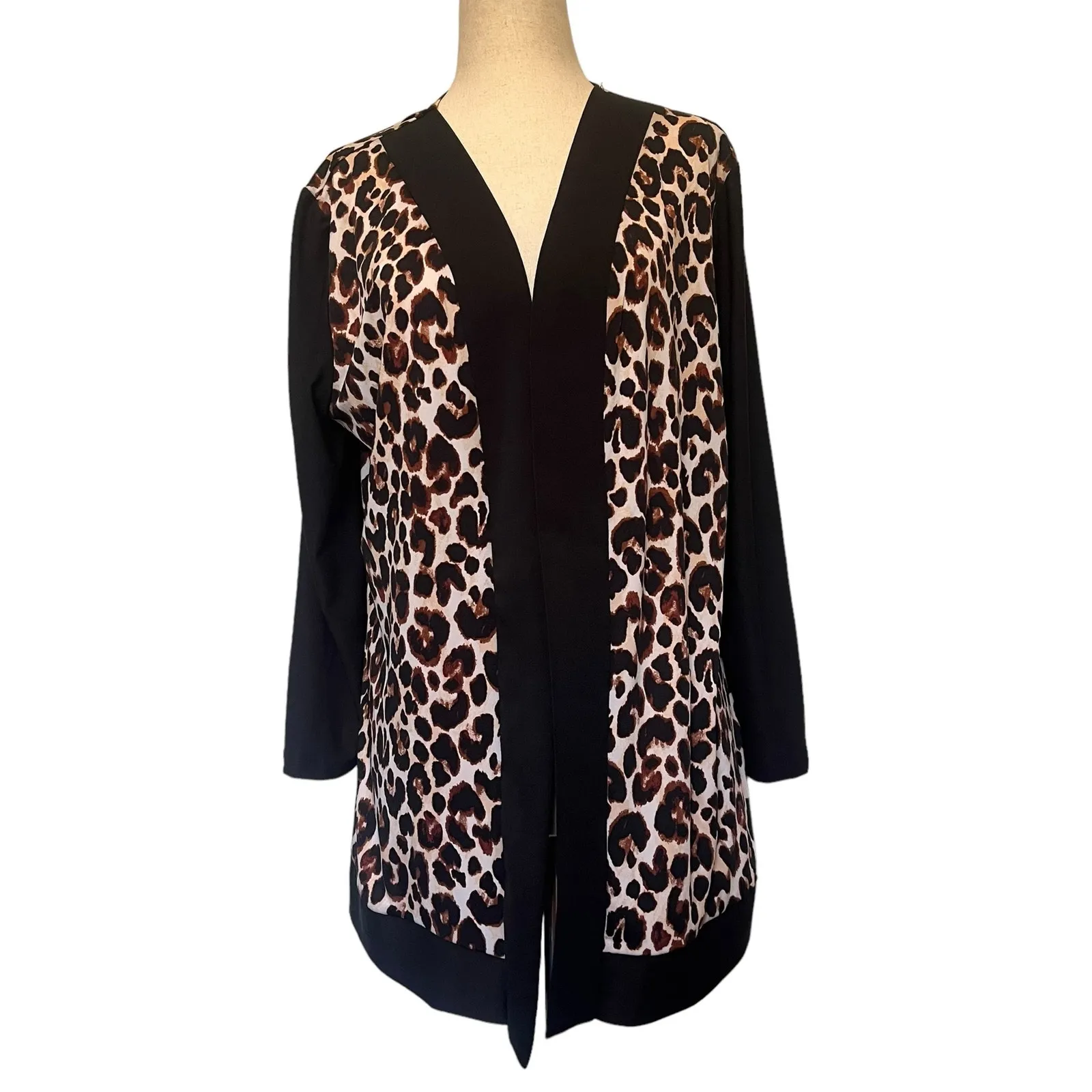 Slinky Brand Leopard Open Front Cardigan Sz M Indie Office Soft Grunge Neutral - Image 2