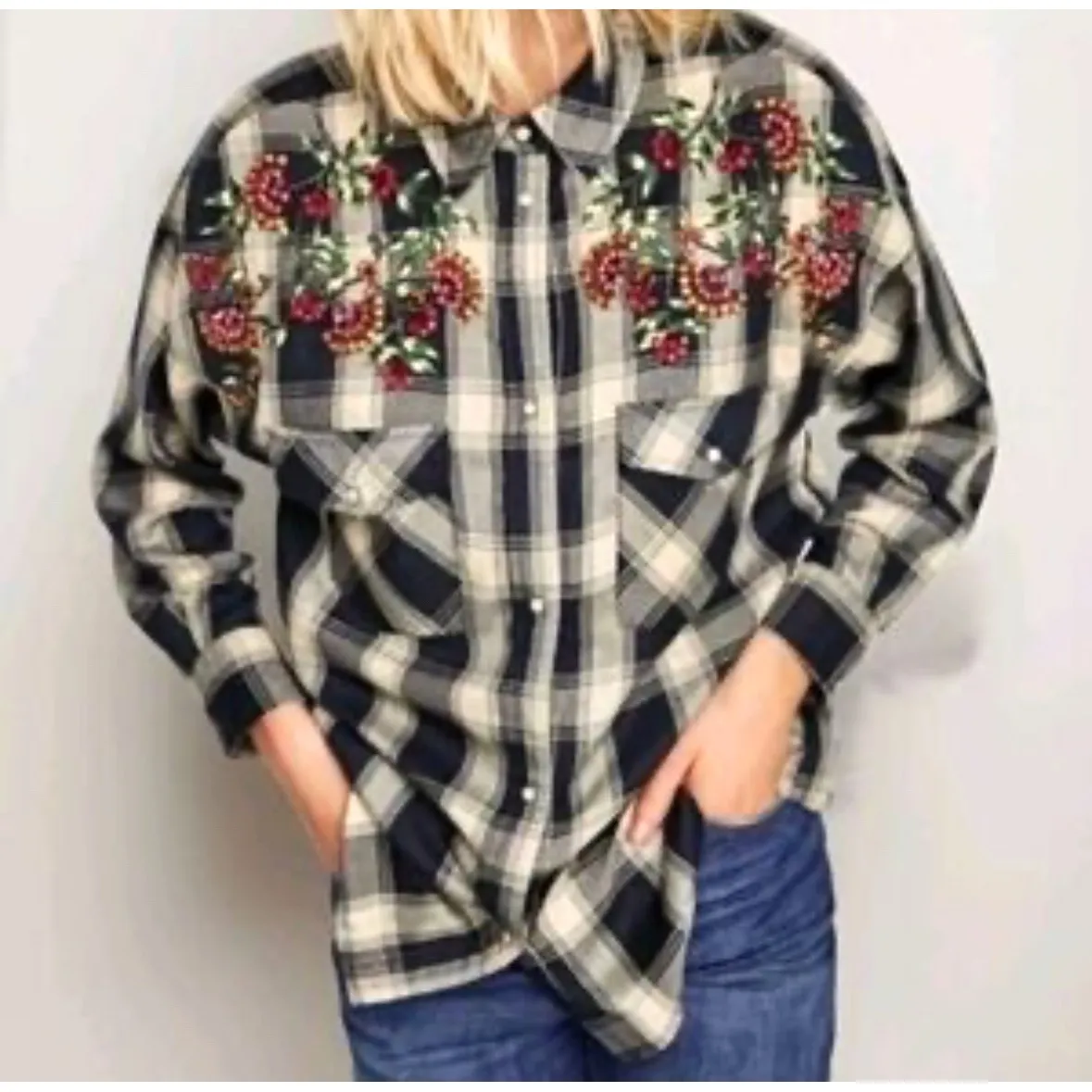 Zara Plaid Beaded Embellished Flannel Shirt Women's XS Black Western Boho Hippie - Image 2