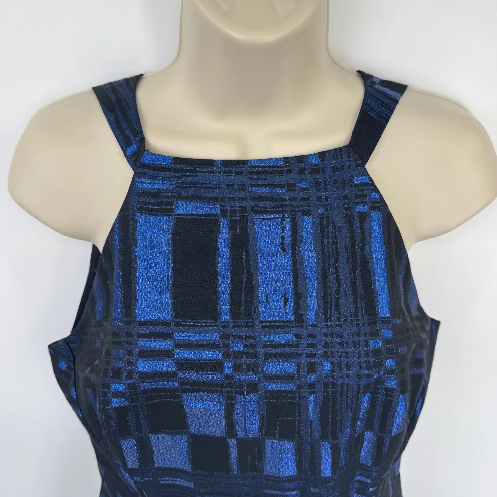 Eva Franco Nova Fit Flare Dress Womens 6 Metallic Blue Black Open Back Lined - Image 5