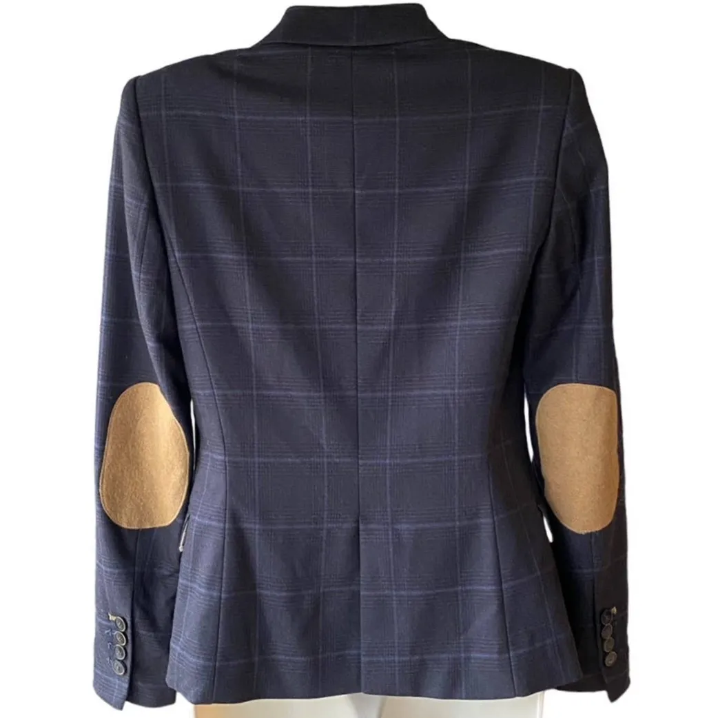 ZARA BASIC Blue Checked Plaid Suit Blazer Coat Tan Elbow Pads ~ Women's Size XS - Image 3