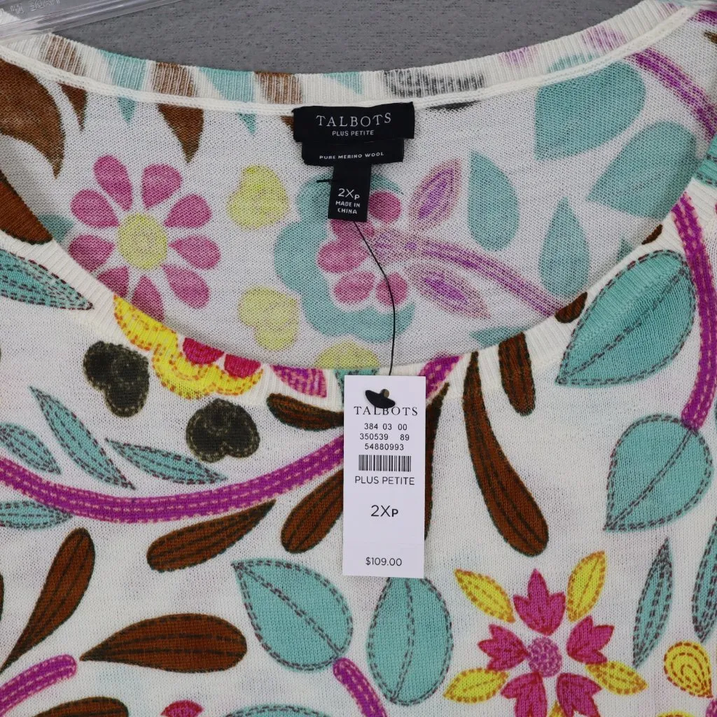 New Tablots Pretty Cream Multicolored Floral Soft Merino Wool Sweater 2Xp Petite - Image 2