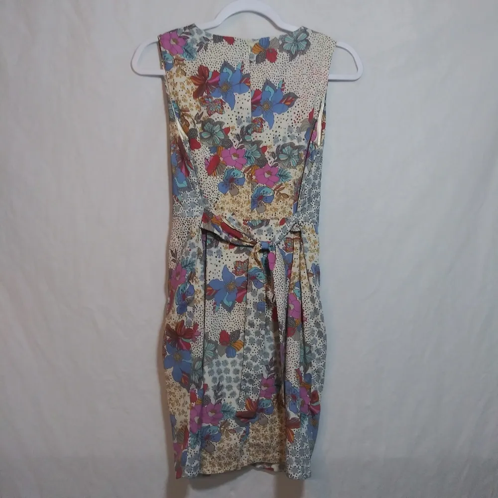 Apricot Floral Sleeveless Waist Tie Gathered Dress Dinner Party Size XS Pink - Image 9