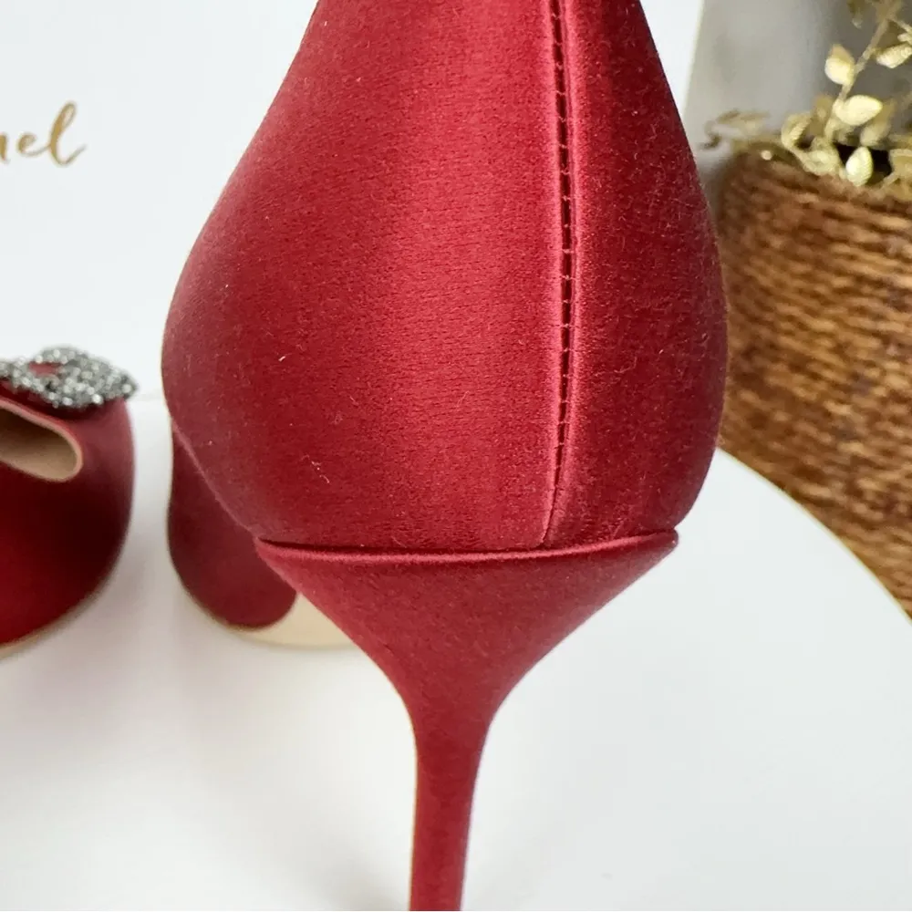 NIB Manolo Blahnik Wine Red 105mm Hangisi Satin Pumps Size 37.5 - Image 9