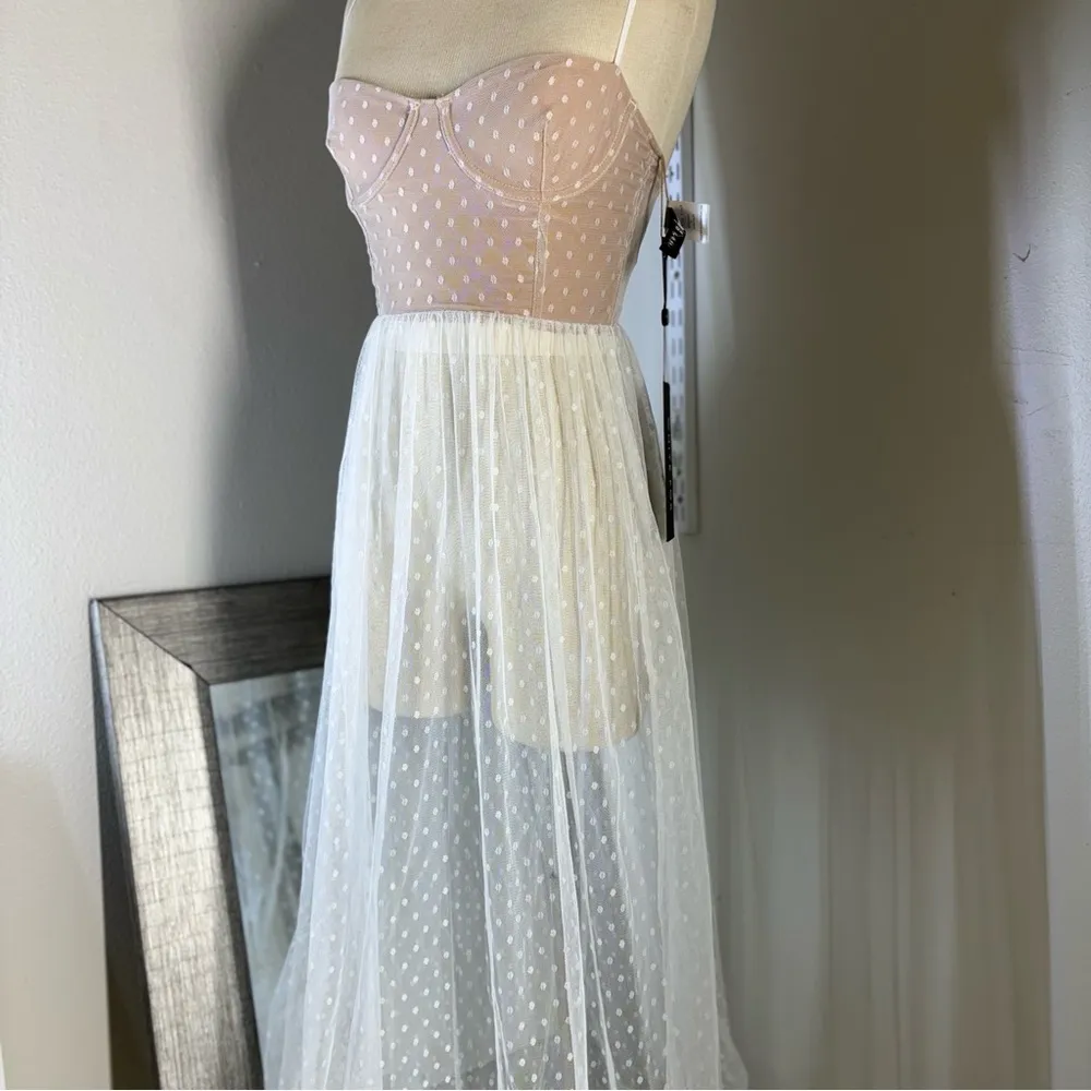White Fox Boutique Strapless maxi sheer Dress in Pink and White - Image 3