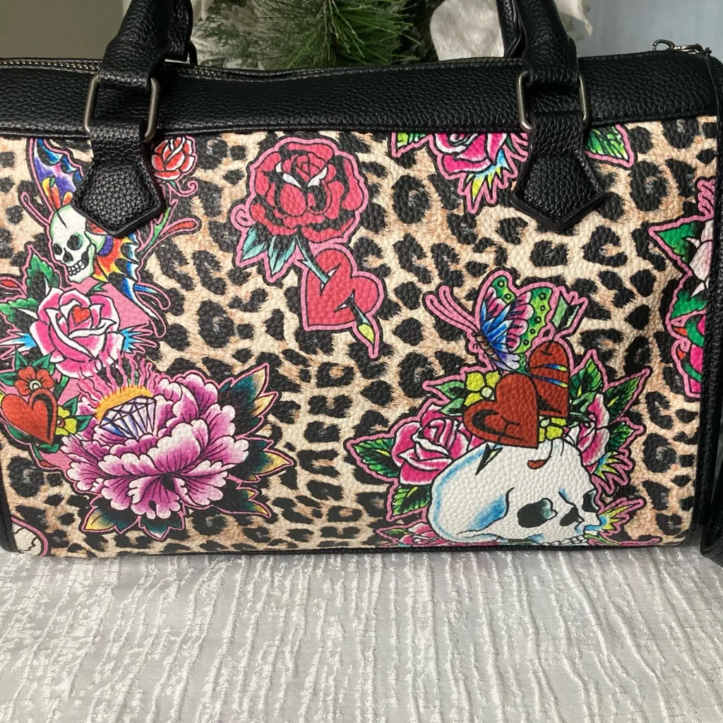 Ed Hardy Barrel Satchel Handbag Leopard Tattoo Floral Skull Print NWT - Image 6