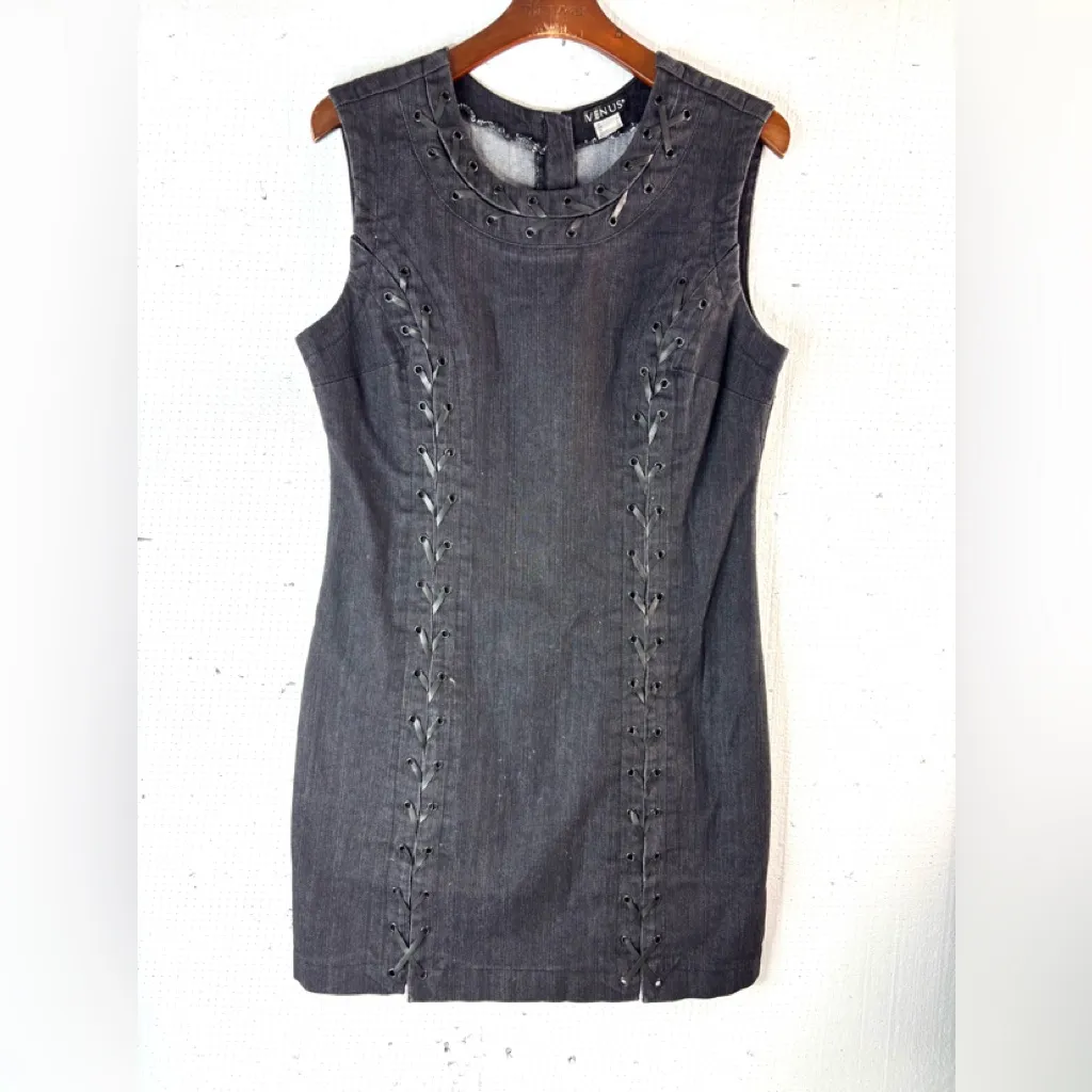 VENUS 14 Whimseygoth Denim Fitted Lace-Up Grommet Mini Dress in Black - Image 11