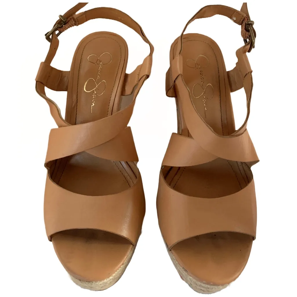 JESSICA SIMPSON "JP MASON" BROWN FAUX LEATHER & FLORAL PRINT WEDGE SANDALS (8) - Image 8