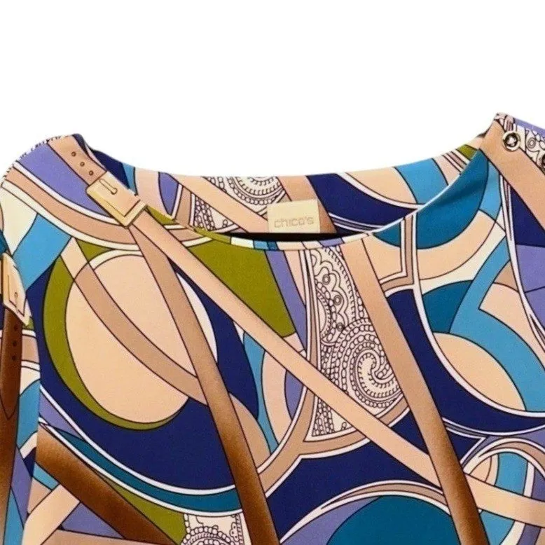 Chicos Abstract Blouse Large‎ Art To Wear Novelty Surrealist Belt Multicolor - Image 3