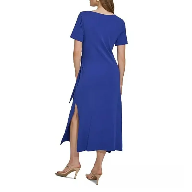 DKNY Midi Dress Size Small NWT Side-Tie Short Sleeve Stretch Casual Royal Blue - Image 2