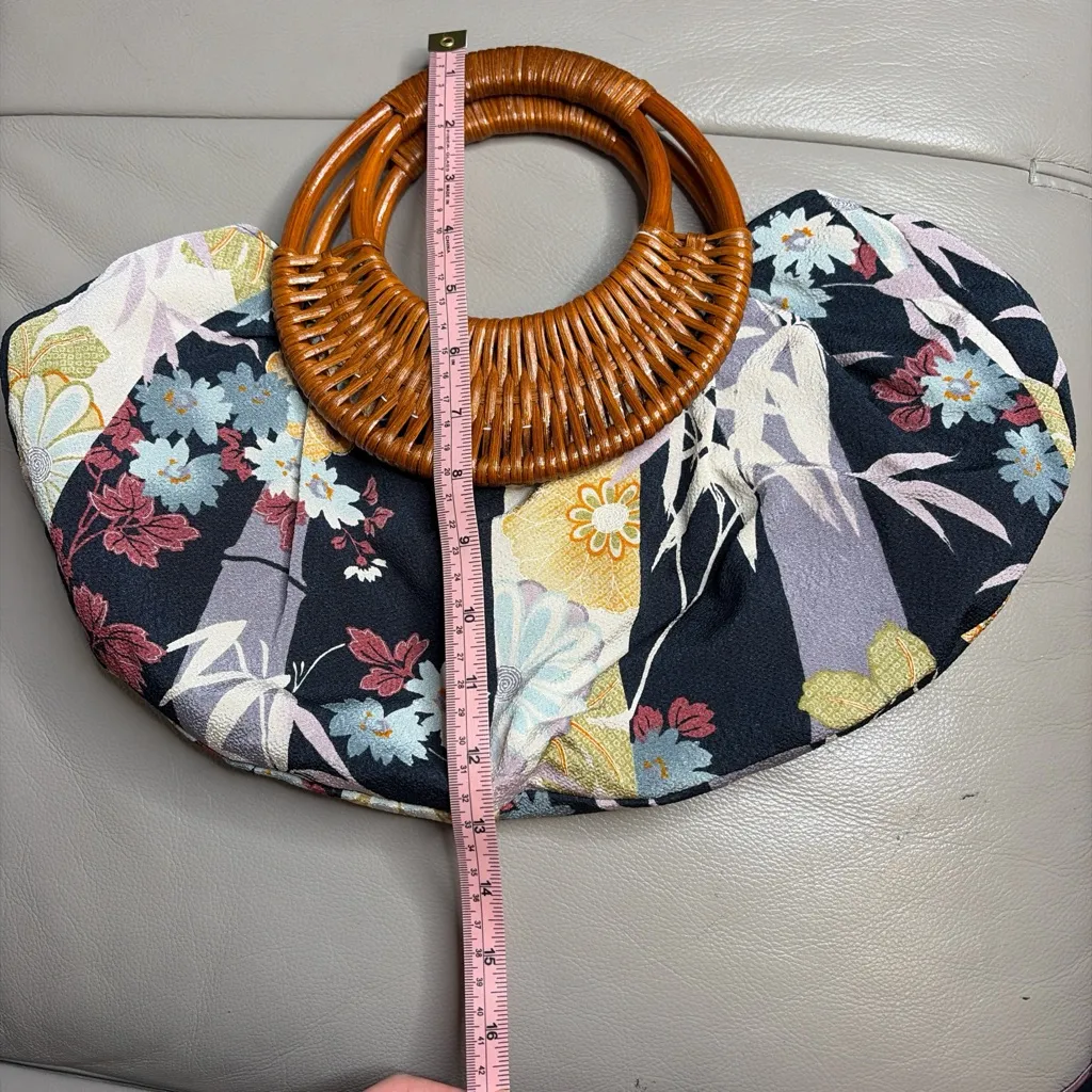 Floral Print Handbag with Bamboo Handle y2k Black - Image 5