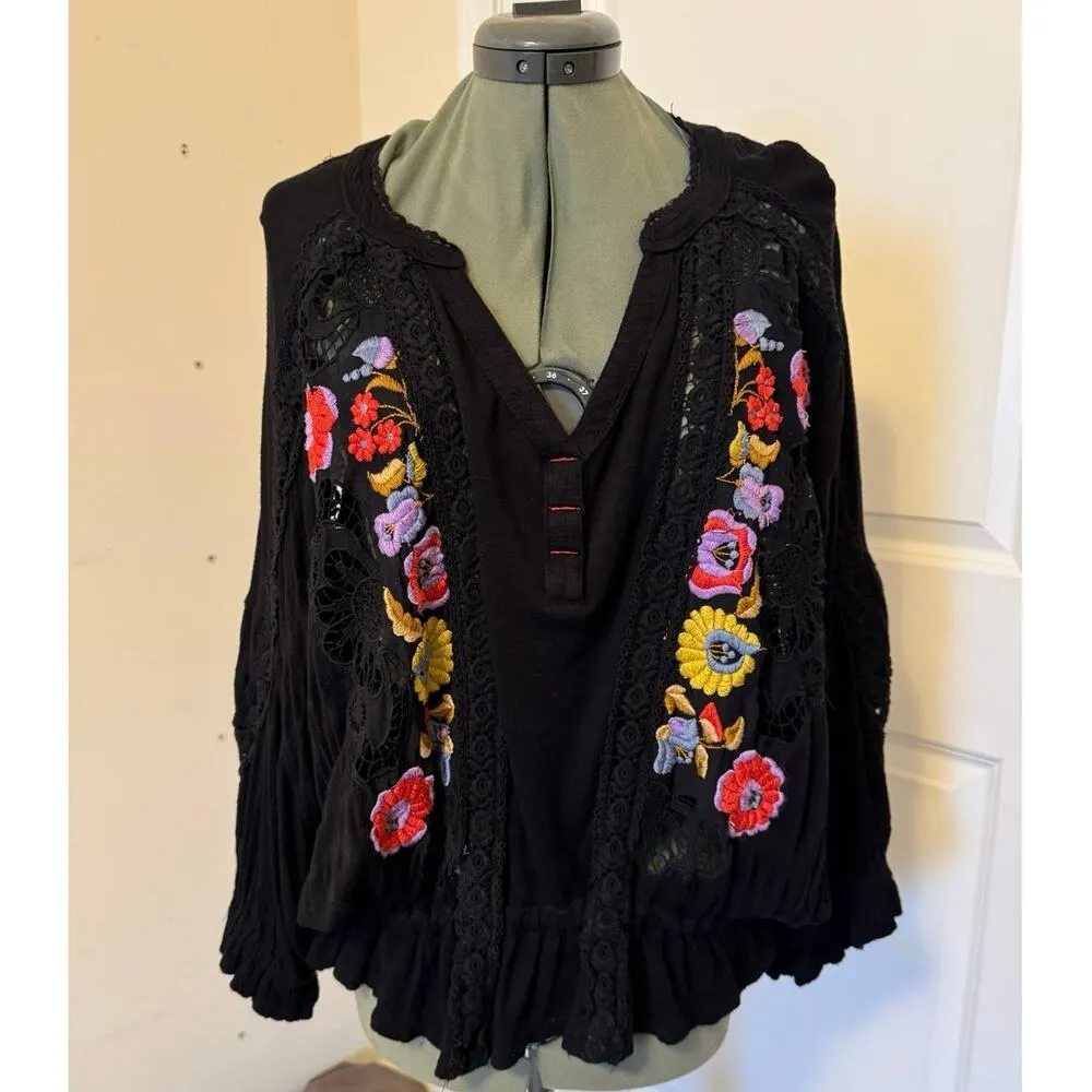Free People Serafina Boho Embroidered Crochet Black Colorful Top Medium - Image 2