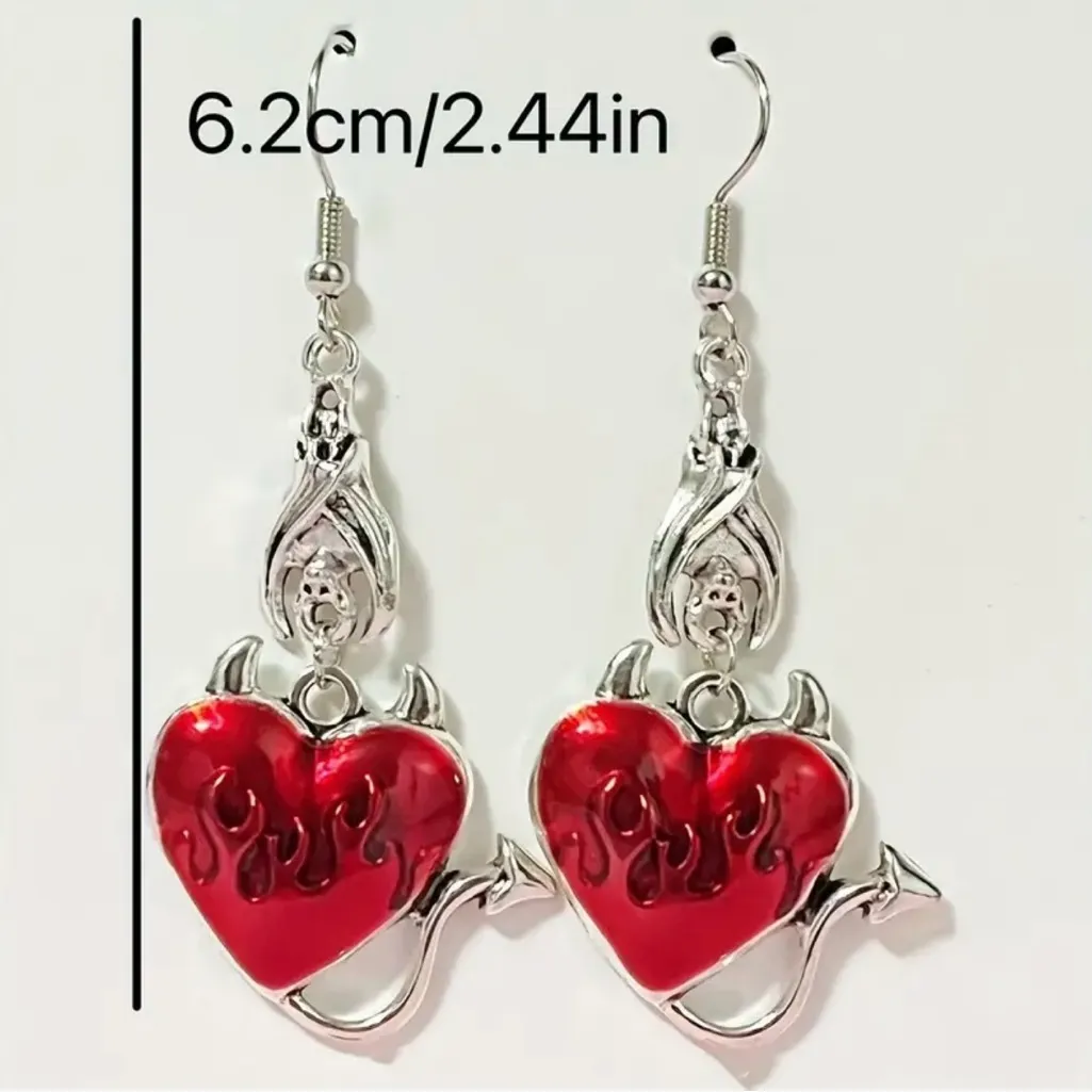 Gothic Bat Heart Shaped Devil Design Silver/Red‎ Zinc Alloy Dangle Earrings Silver - Image 9