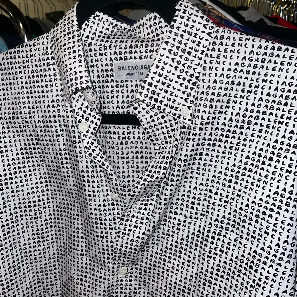 Balenciaga Micro Brand Print Cotton Blouse White Black Logo Button Down - Image 7