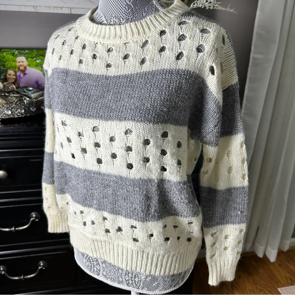 Lush Open Knit Striped Sweater S Soft Cream & Charcoal Coastal Grandma Pullover - Image 4