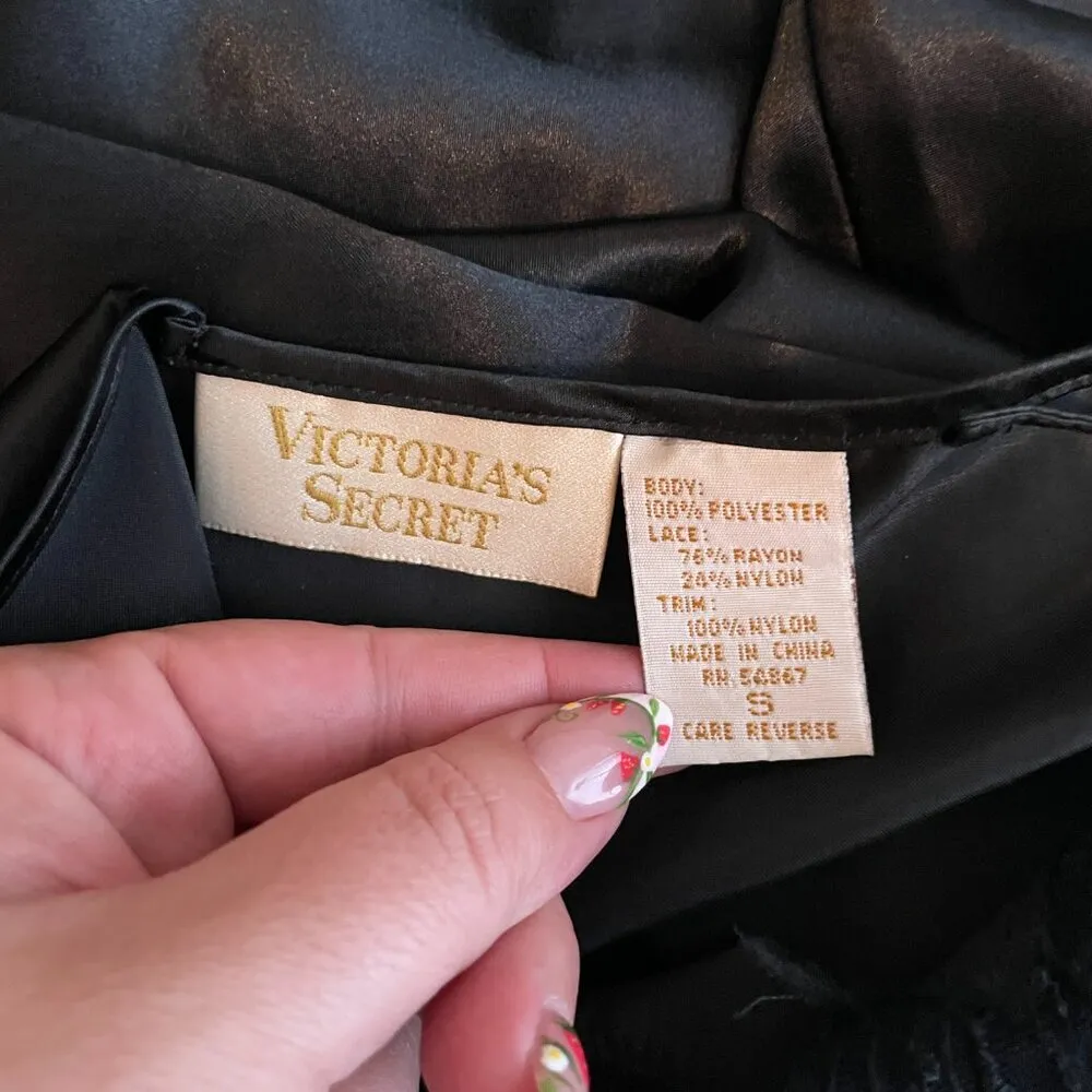 Vintage Victorias Secret Gold Label Women S Black Lace Trim Satin Slip Dress Y2K - Image 9