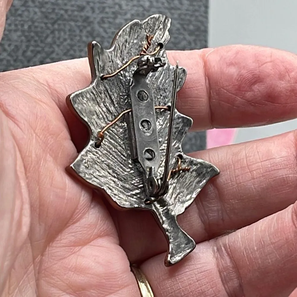 Vintage copper beaded oak leaf brooch Brown - Image 4