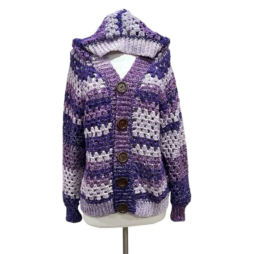 Granny Pop Purple Crochet Hand Knit Cardigan Size Large - Image 3