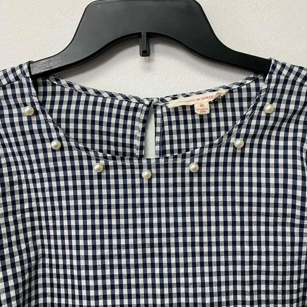 Grand & Greene Womens Navy and White Checkered Bell Sleeve Pearl Accent Top Sz M Blue Size M - Image 5