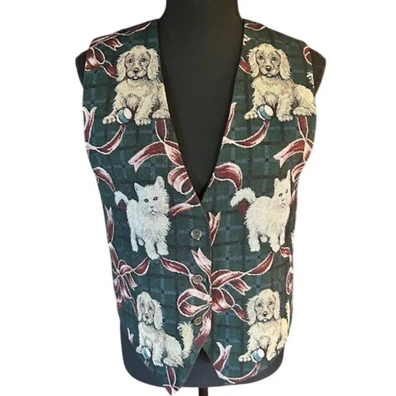 Paul Harris Design Holiday 90s Pets Tapestry Vest Size Approx. Small Green - Image 2