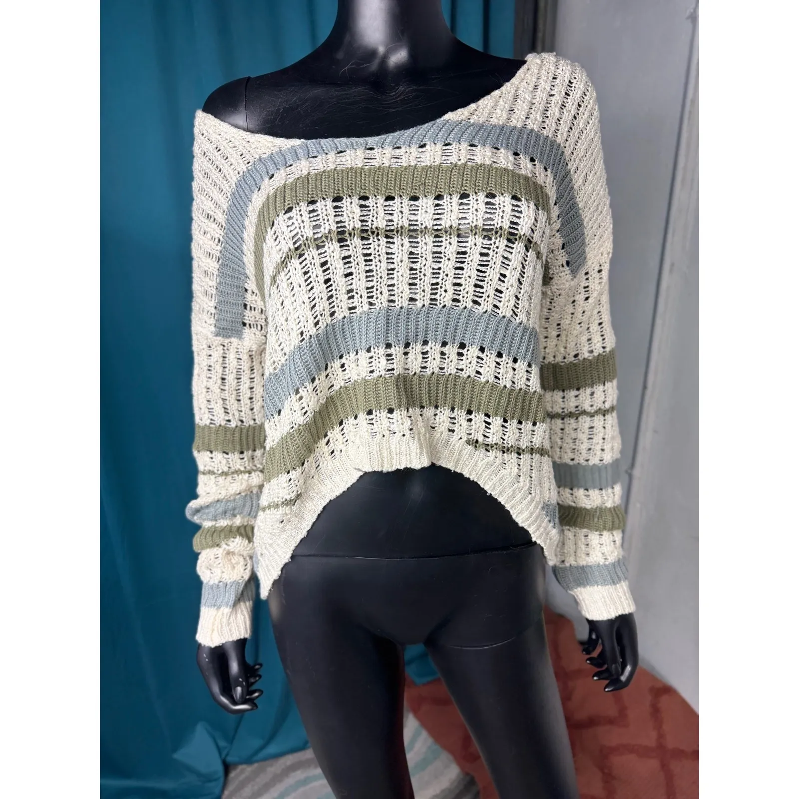 Freshman Knit Sweater Striped V Neck Crop Top Open Weave Beige Green Blue M Tan Size M - Image 2