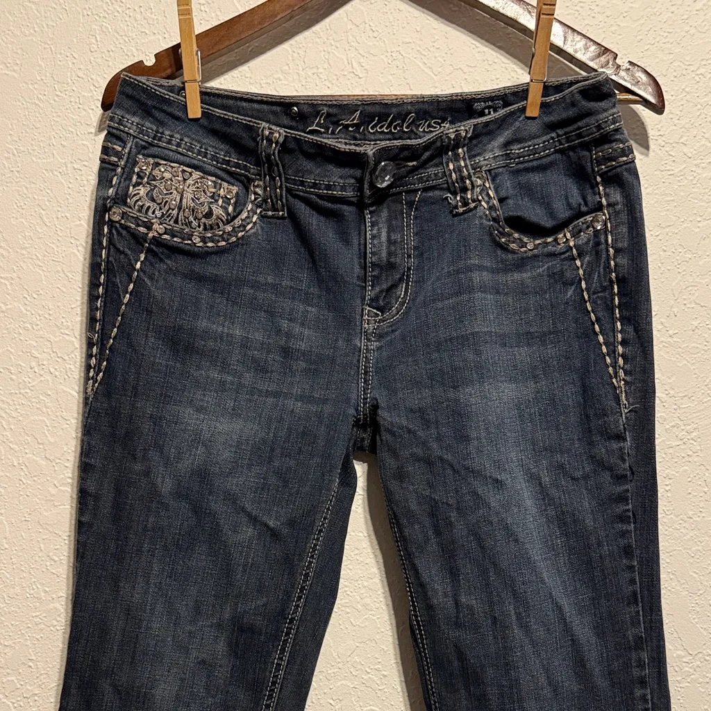 L.A. Idol Dark Blue Bootcut Jeans Embellished Flap Pockets Faux Jewel Women’s 11 Size 33 - Image 3