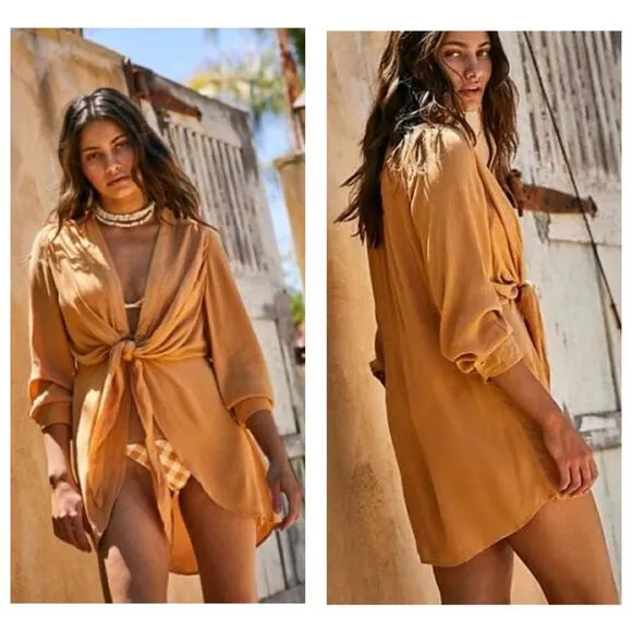Free People Worlds Apart Tie-Front Tunic Size Small Tan Bohemian Coverup Gauzy - Image 2