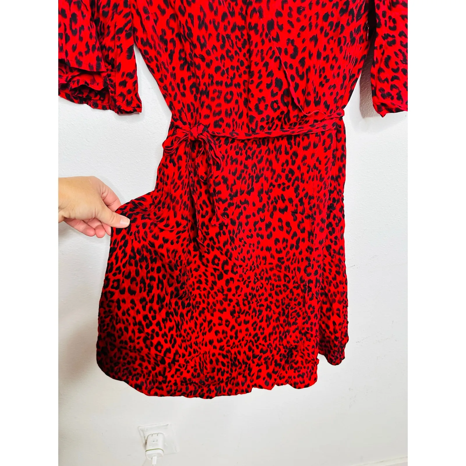 SANCTUARY Red Black Animal Print V-Neck Tie Waist Girl on Fire Wrap Dress XS - Image 12