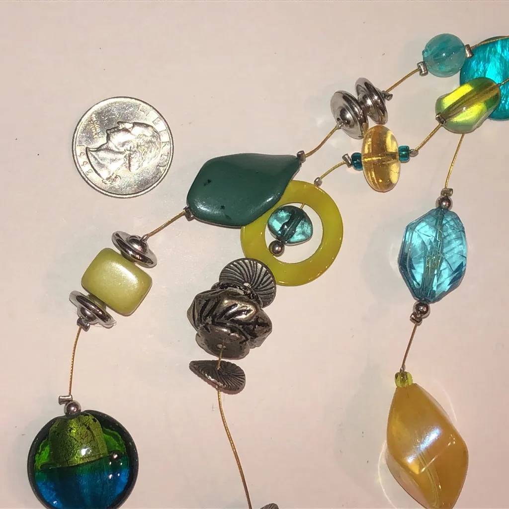 Yellow Green Blue Multicolor Silver Tone Boho Beaded Necklace - Image 3
